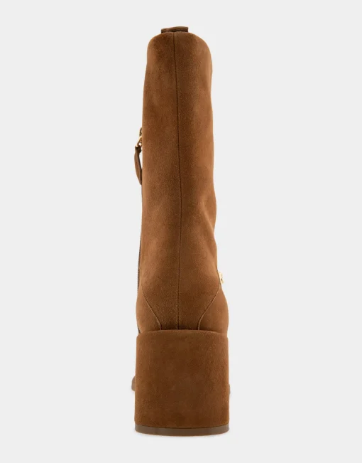 Comfortable Women's Square Toe Slip On Block Heel Mid Calf Bootie in Tobacco Suede Suede