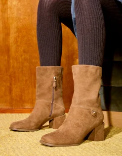 Comfortable Women's Square Toe Slip On Block Heel Mid Calf Bootie in Tobacco Suede Suede