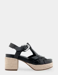 Comfortable Women's Strappy Molded Footbed Platform Sandal in Black Leather