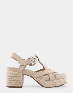 Comfortable Women's Strappy Molded Footbed Platform Sandal in Pale Khaki Suede