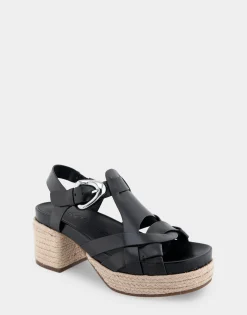Comfortable Women's Strappy Molded Footbed Platform Sandal in Black Leather