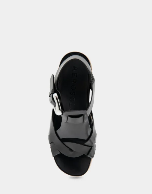 Comfortable Women's Strappy Molded Footbed Platform Sandal in Black Leather