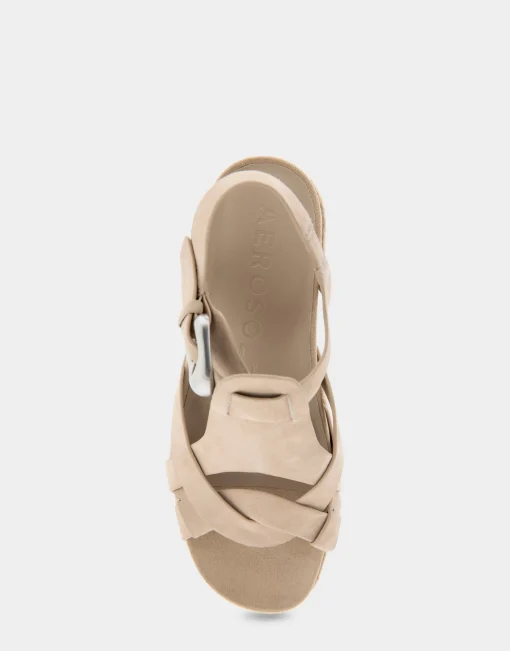 Comfortable Women's Strappy Molded Footbed Platform Sandal in Pale Khaki Suede