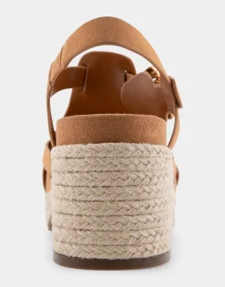 Comfortable Women's Strappy Molded Footbed Platform Sandal in Tan Suede