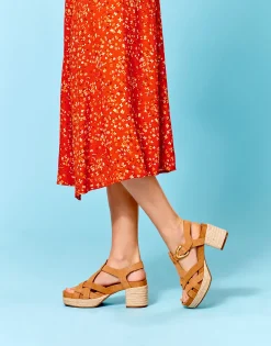 Comfortable Women's Strappy Molded Footbed Platform Sandal in Tan Suede
