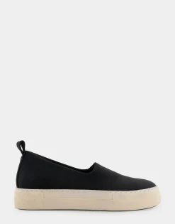 Comfortable Women's Strech Hidden Wedge Slip On Flatform Sneaker in Black Stretch Gabardine Fabric