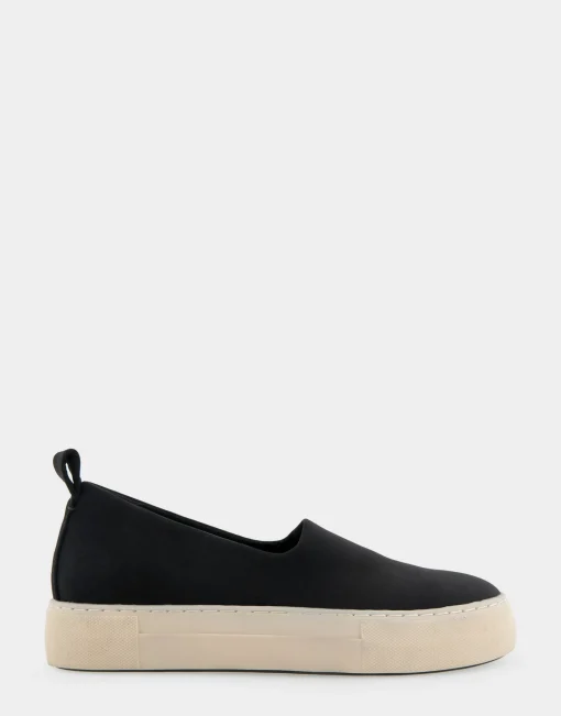 Comfortable Women's Strech Hidden Wedge Slip On Flatform Sneaker in Black Stretch Gabardine Fabric
