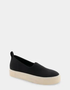 Comfortable Women's Strech Hidden Wedge Slip On Flatform Sneaker in Black Stretch Gabardine Fabric