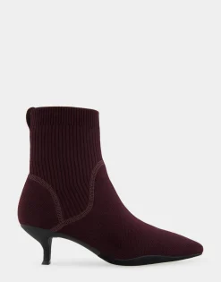Comfortable Women's Stretch Knit Point Toe Molded Outsole Kitten Heel Bootie in Deep Aubergine Knit Stretch Flyknit Fabric