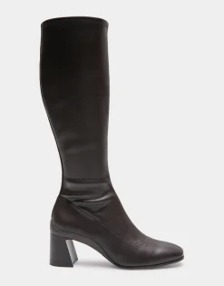 Comfortable Women's Stretch Knee High Sculpted Heel Boot in Java Stretch Faux Leather Faux Leather