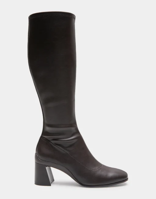Comfortable Women's Stretch Knee High Sculpted Heel Boot in Java Stretch Faux Leather Faux Leather