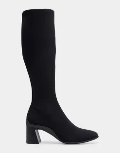 Comfortable Women's Stretch Knee High Sculpted Heel Boot in Black Stretch Gabardine Fabric