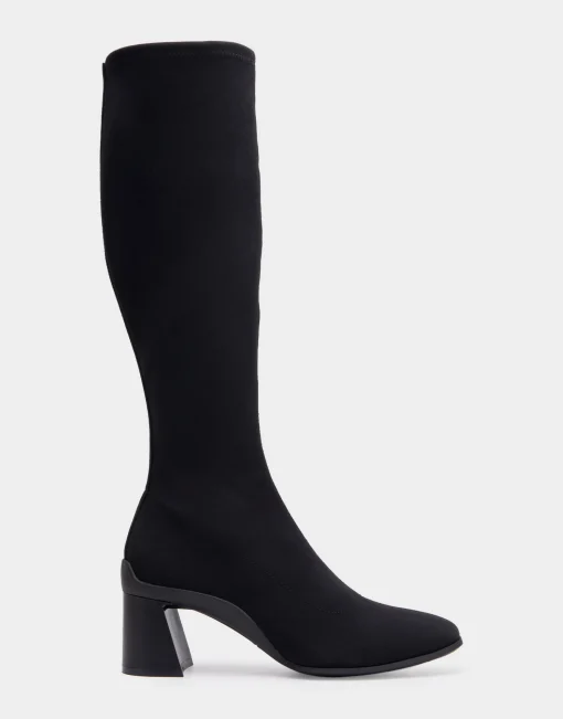 Comfortable Women's Stretch Knee High Sculpted Heel Boot in Black Stretch Gabardine Fabric