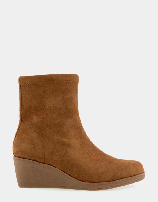 Comfortable Women's Stretch Ankle Crepe Textured Wedge Bootie in Tobacco Faux Suede Faux Stretch Suede