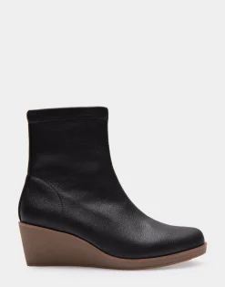 Comfortable Women's Stretch Ankle Crepe Textured Wedge Bootie in Java Stretch Pebbled Faux Leather Faux Leather