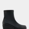 Comfortable Women's Stretch Ankle Crepe Textured Wedge Bootie in Black Stretch Pebbled Faux Leather Faux Leather