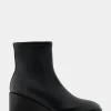 Comfortable Women's Stretch Ankle Sculpted Wedge Boot in Black Stretch Faux Leather Faux Leather