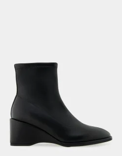 Comfortable Women's Stretch Ankle Sculpted Wedge Boot in Black Stretch Faux Leather Faux Leather