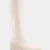 Comfortable Women's Stretch Knee High Sculpted Wedge Boot in Eggnog Stretch Faux Leather Faux Leather