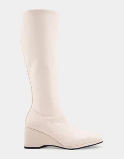 Comfortable Women's Stretch Knee High Sculpted Wedge Boot in Eggnog Stretch Faux Leather Faux Leather