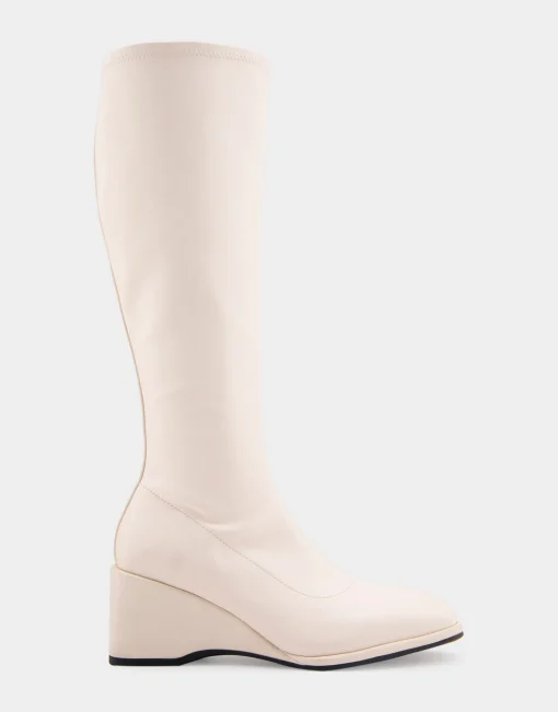 Comfortable Women's Stretch Knee High Sculpted Wedge Boot in Eggnog Stretch Faux Leather Faux Leather