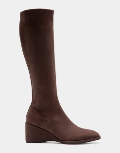 Comfortable Women's Stretch Knee High Sculpted Wedge Boot in Java Faux Suede Faux Suede