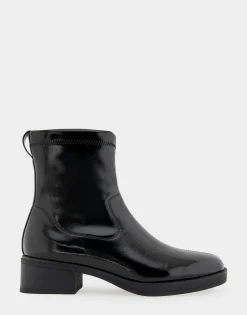 Comfortable Women's Stretch Equestrian Bootie in Black Stretch Crinkled Patent Faux Leather