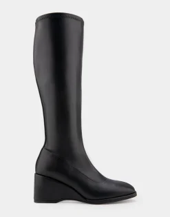 Comfortable Women's Stretch Knee High Sculpted Wedge Boot in Black Stretch Faux Leather Faux Leather