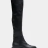 Comfortable Women's Stretch Over The Knee Flat Boot in Black Pebbled Stretch Faux Leather Faux Leather