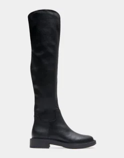 Comfortable Women's Stretch Over The Knee Flat Boot in Black Pebbled Stretch Faux Leather Faux Leather