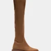Comfortable Women's Stretch Over The Knee Flat Boot in Tobacco Faux Suede Faux Stretch Suede