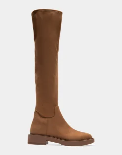 Comfortable Women's Stretch Over The Knee Flat Boot in Tobacco Faux Suede Faux Stretch Suede
