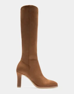 Comfortable Women's Stretch Knee High Crepe Sole Stiletto Boot in Tobacco Faux Suede Faux Suede