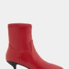 Comfortable Women's Stretch Point Toe Molded Outsole Kitten Heel Bootie in Racing Red Stretch Faux Leather Faux Leather