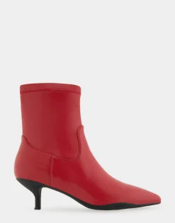 Comfortable Women's Stretch Point Toe Molded Outsole Kitten Heel Bootie in Racing Red Stretch Faux Leather Faux Leather