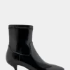 Comfortable Women's Stretch Point Toe Molded Outsole Kitten Heel Bootie in Black Crinkled Patent Faux Leather Stretch Patent Faux Leather