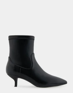 Comfortable Women's Stretch Point Toe Molded Outsole Kitten Heel Bootie in Black Stretch Faux Leather Faux Leather
