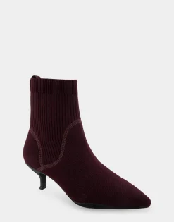 Comfortable Women's Stretch Knit Point Toe Molded Outsole Kitten Heel Bootie in Deep Aubergine Knit Stretch Flyknit Fabric