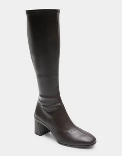 Comfortable Women's Stretch Knee High Sculpted Heel Boot in Java Stretch Faux Leather Faux Leather