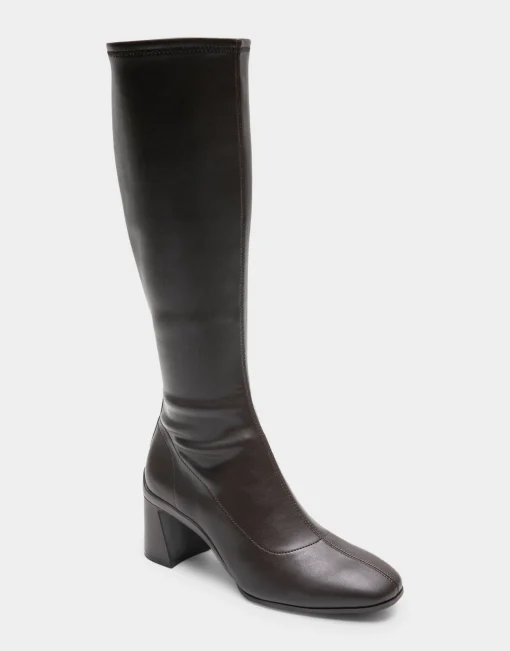 Comfortable Women's Stretch Knee High Sculpted Heel Boot in Java Stretch Faux Leather Faux Leather