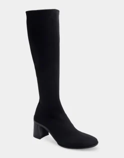 Comfortable Women's Stretch Knee High Sculpted Heel Boot in Black Stretch Gabardine Fabric