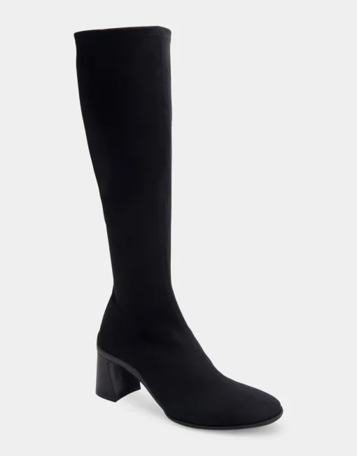 Comfortable Women's Stretch Knee High Sculpted Heel Boot in Black Stretch Gabardine Fabric