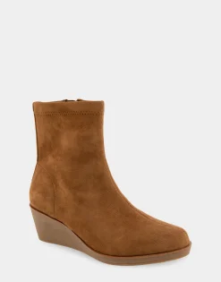 Comfortable Women's Stretch Ankle Crepe Textured Wedge Bootie in Tobacco Faux Suede Faux Stretch Suede