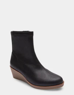 Comfortable Women's Stretch Ankle Crepe Textured Wedge Bootie in Java Stretch Pebbled Faux Leather Faux Leather