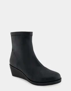 Comfortable Women's Stretch Ankle Crepe Textured Wedge Bootie in Black Stretch Pebbled Faux Leather Faux Leather
