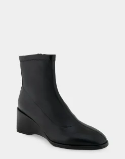 Comfortable Women's Stretch Ankle Sculpted Wedge Boot in Black Stretch Faux Leather Faux Leather