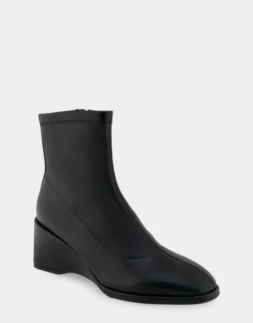Comfortable Women's Stretch Ankle Sculpted Wedge Boot in Black Stretch Faux Leather Faux Leather