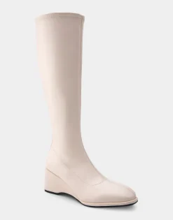Comfortable Women's Stretch Knee High Sculpted Wedge Boot in Eggnog Stretch Faux Leather Faux Leather