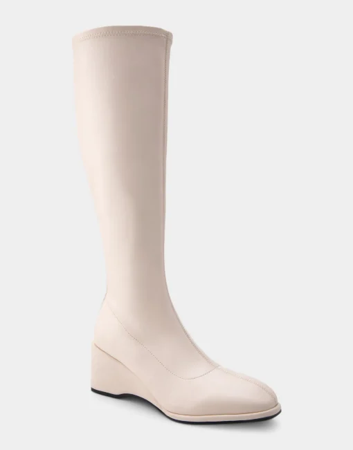 Comfortable Women's Stretch Knee High Sculpted Wedge Boot in Eggnog Stretch Faux Leather Faux Leather