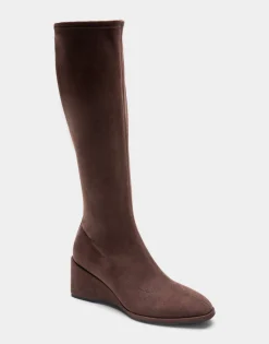 Comfortable Women's Stretch Knee High Sculpted Wedge Boot in Java Faux Suede Faux Suede